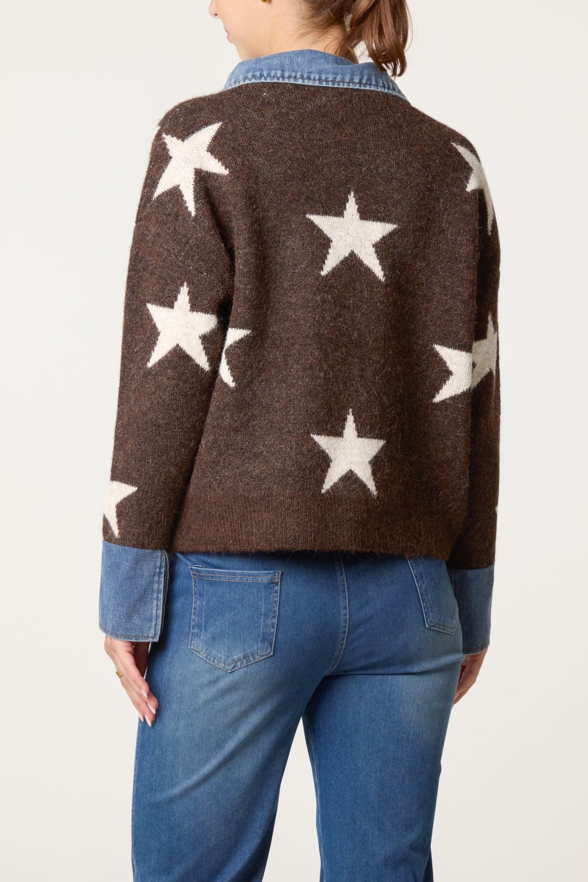 Women's Denim Collar Star Knit Jumper - Chocolate & Stone