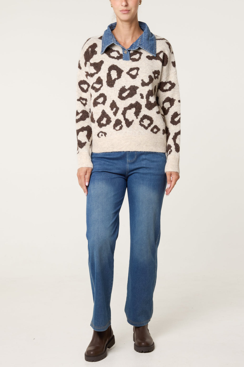 Women's Animal Knit Jumper with Denim Collar