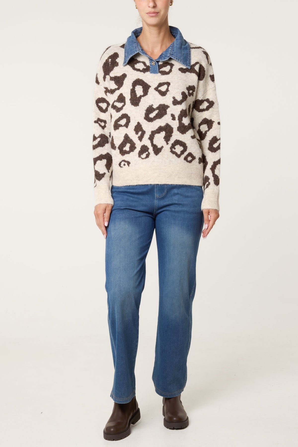 Women's Animal Knit Jumper with Denim Collar