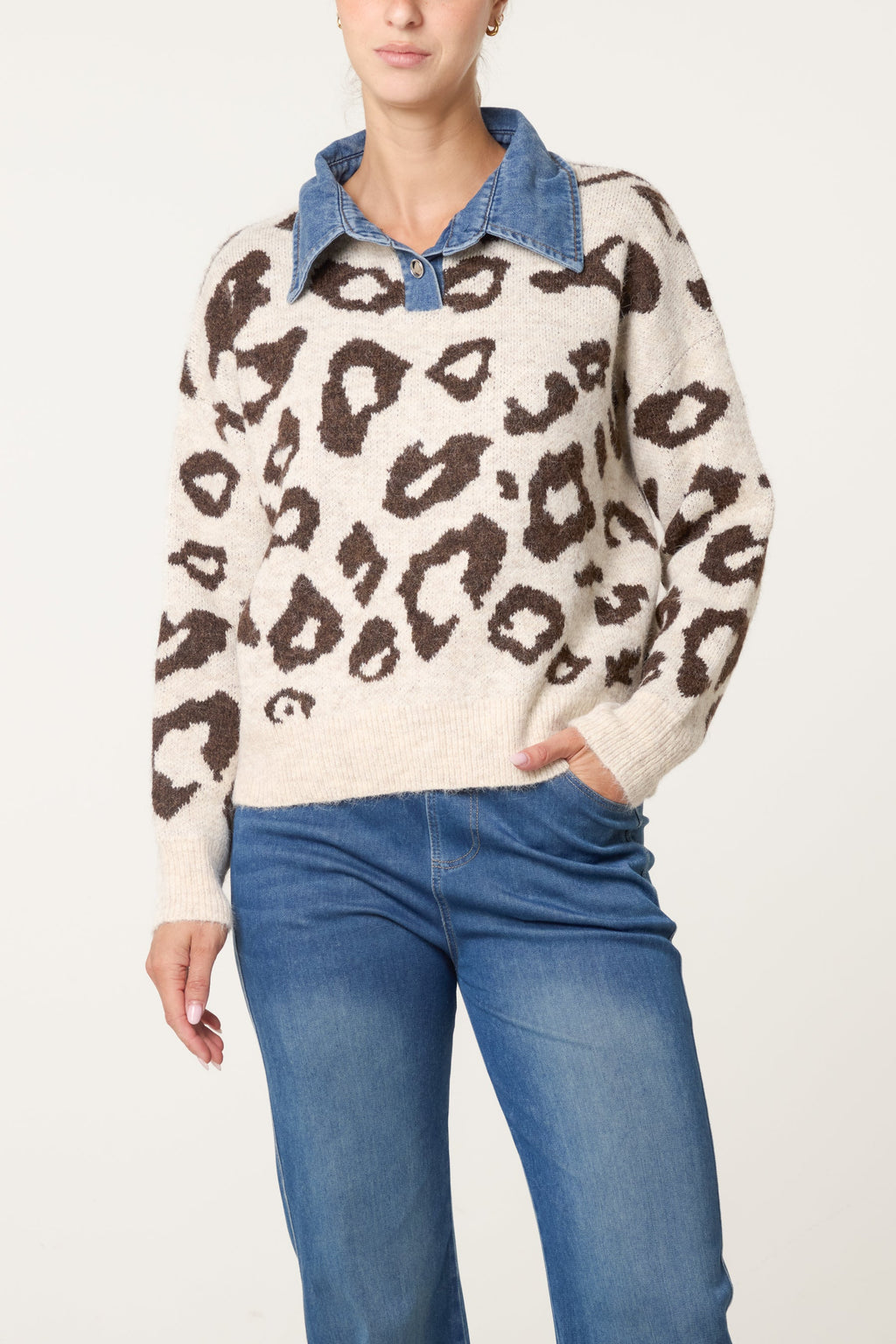 Women's Animal Knit Jumper with Denim Collar