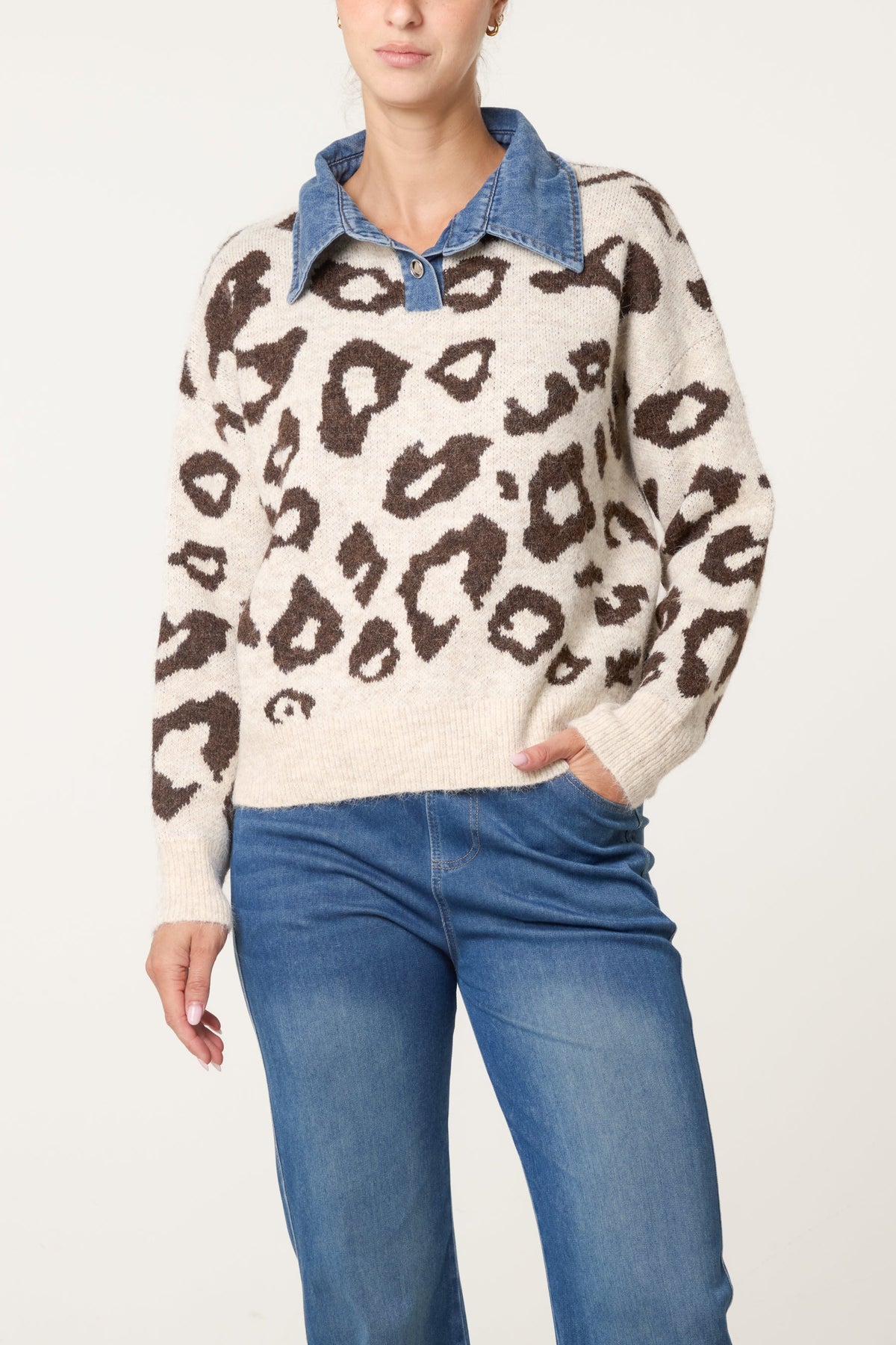 Women's Animal Knit Jumper with Denim Collar