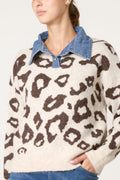 Women's Animal Knit Jumper with Denim Collar