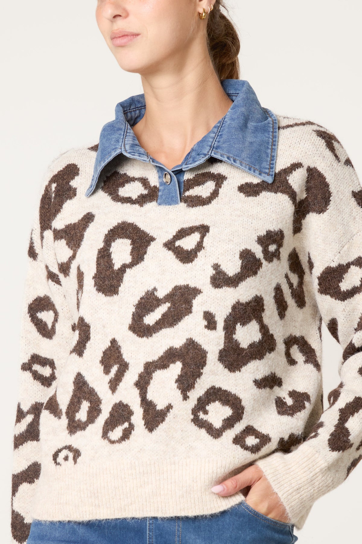 Women's Animal Knit Jumper with Denim Collar