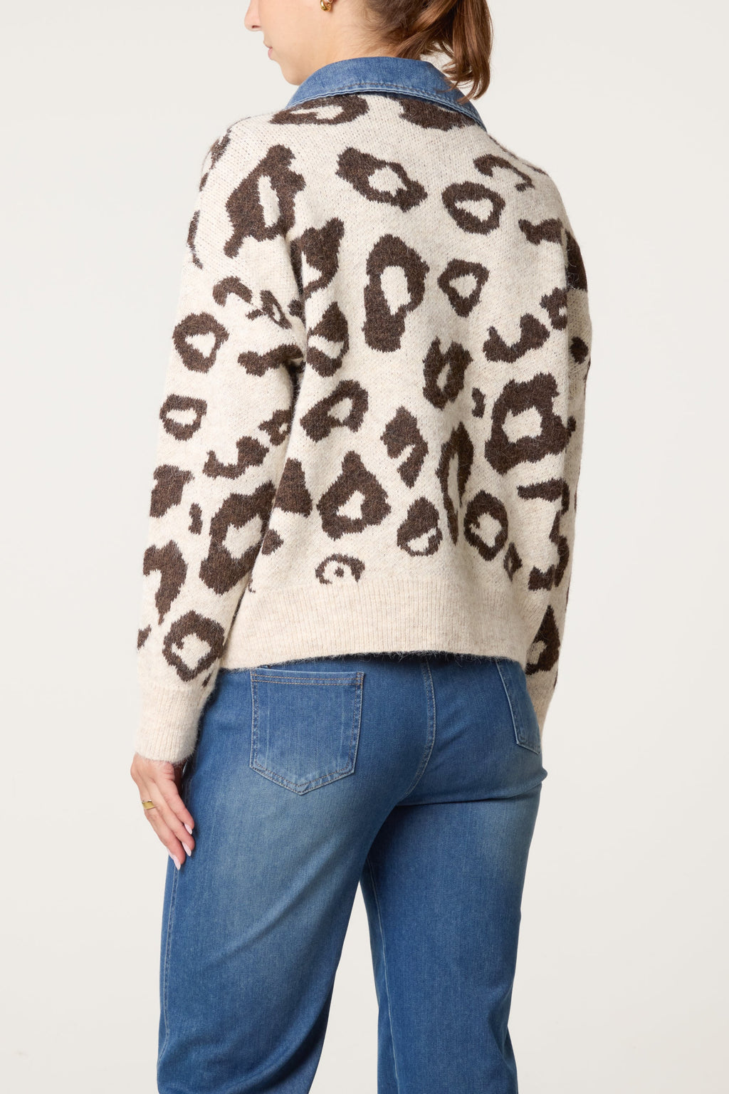 Women's Animal Knit Jumper with Denim Collar