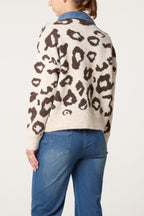 Women's Animal Knit Jumper with Denim Collar