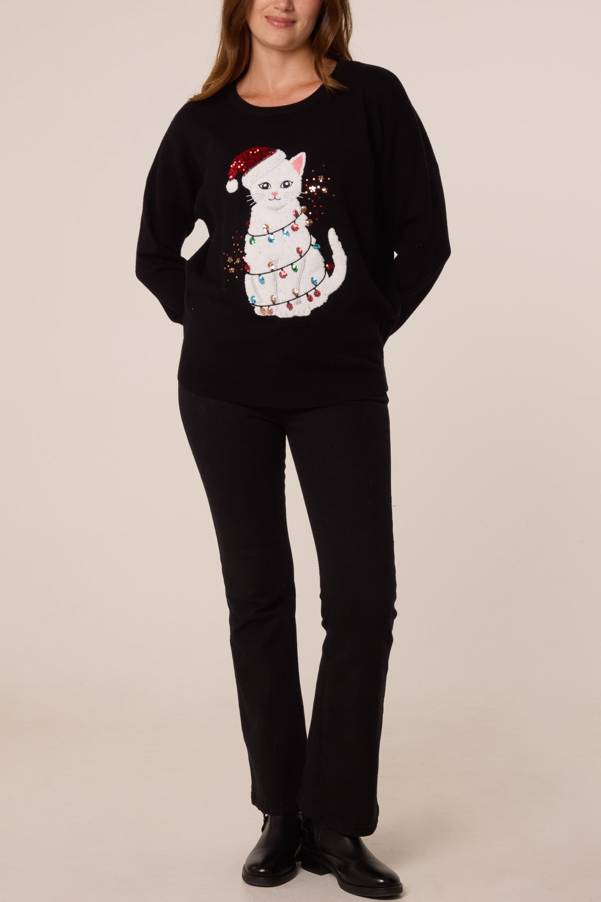 Women's Black Christmas Jumper with Sequin Cat Appliqué