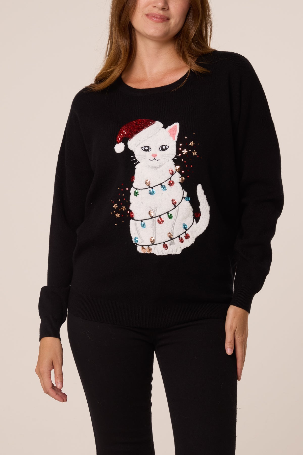 Women's Black Christmas Jumper with Sequin Cat Appliqué