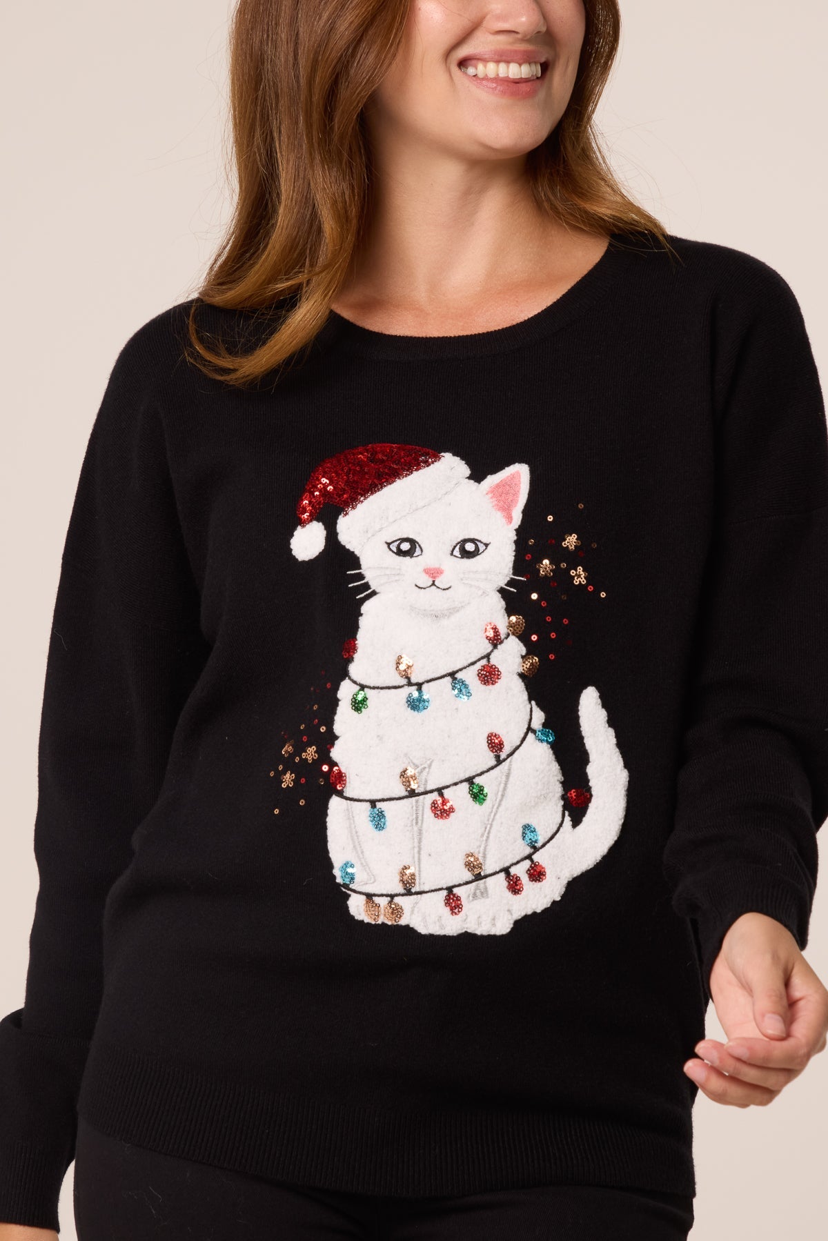 Women's Black Christmas Jumper with Sequin Cat Appliqué