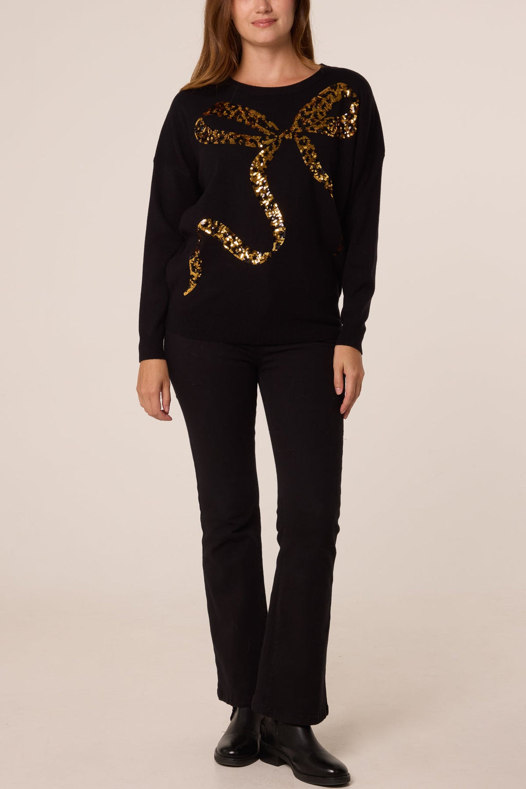 Women's Leopard Print Sequin Bow Jumper - Sparkly Knit Top