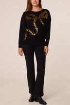 Women's Leopard Print Sequin Bow Jumper - Sparkly Knit Top