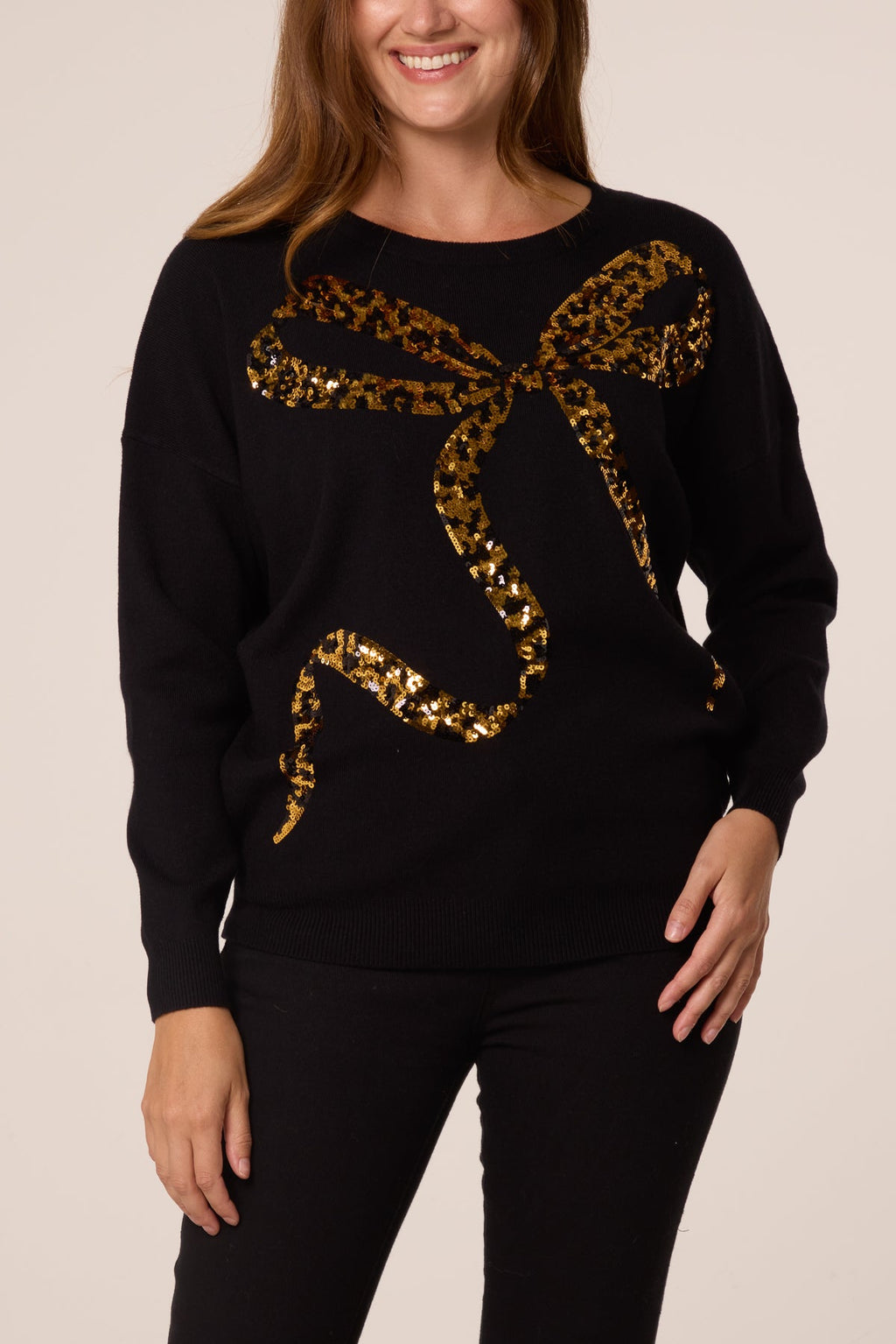 Women's Leopard Print Sequin Bow Jumper - Sparkly Knit Top