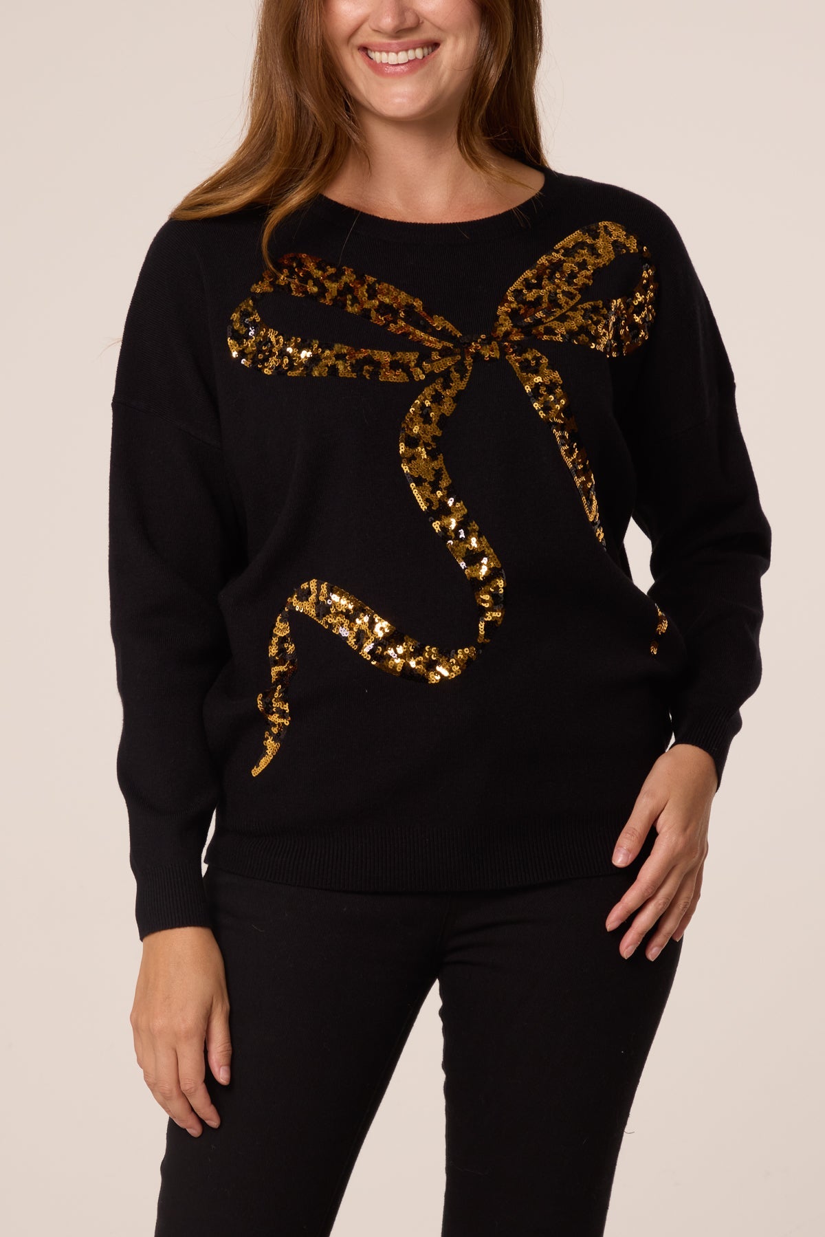 Women's Leopard Print Sequin Bow Jumper - Sparkly Knit Top