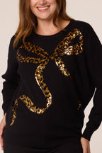 Women's Leopard Print Sequin Bow Jumper - Sparkly Knit Top