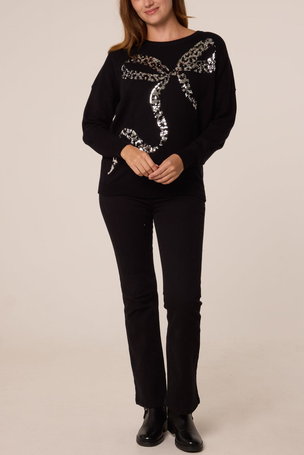 Women's Leopard Print Sequin Bow Jumper - Sparkly Knit Top