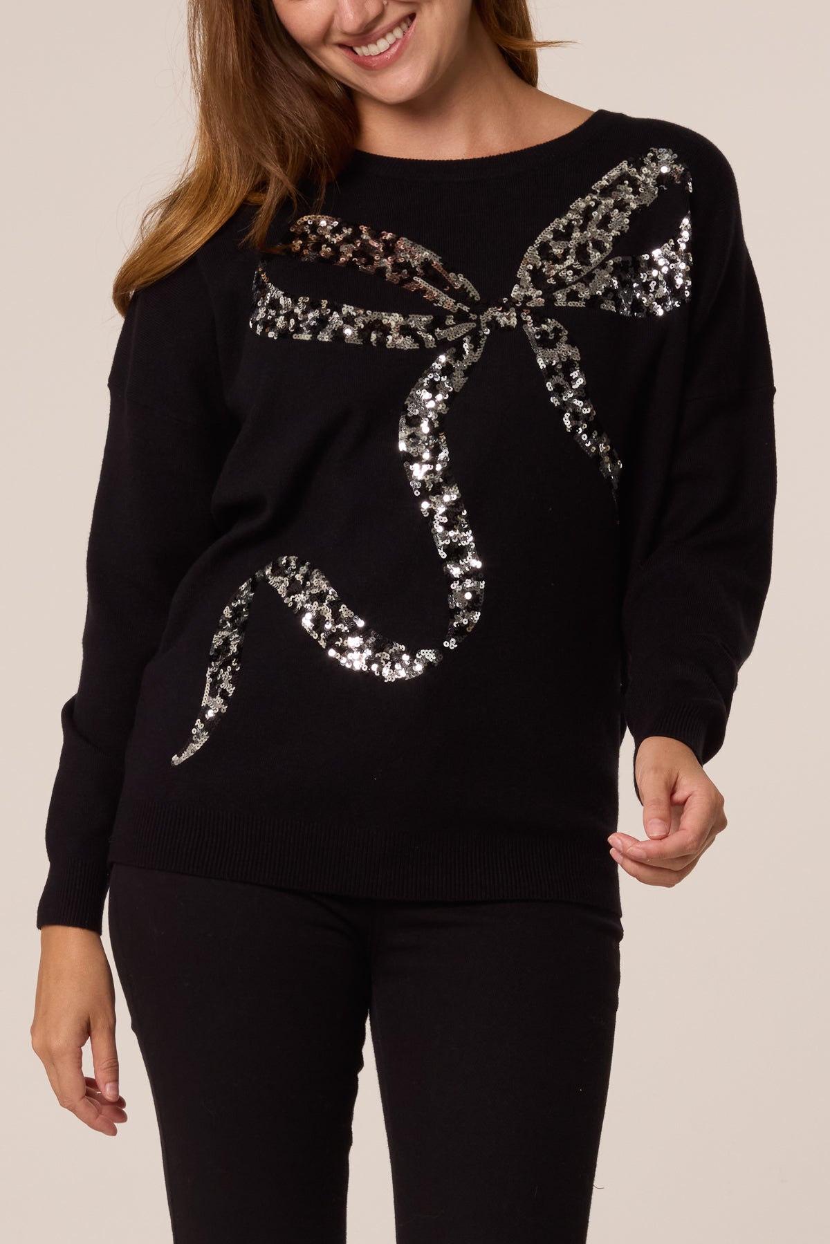 Women's Leopard Print Sequin Bow Jumper - Sparkly Knit Top