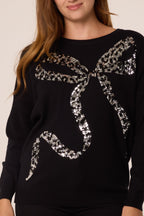 Women's Leopard Print Sequin Bow Jumper - Sparkly Knit Top