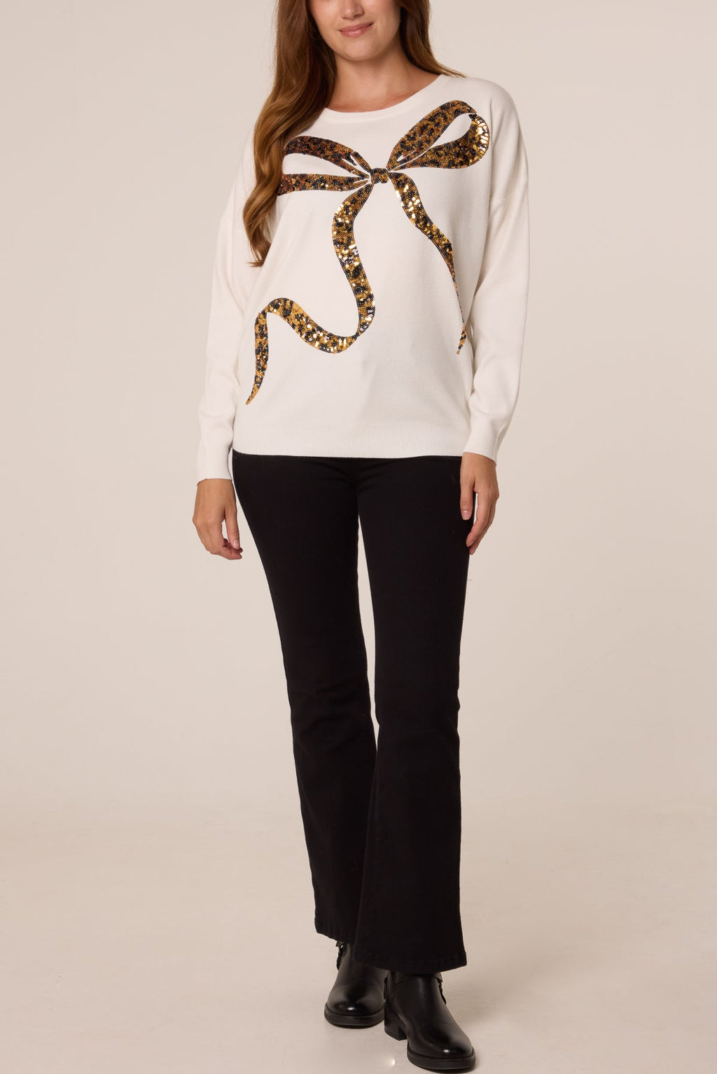 Women's Leopard Print Sequin Bow Jumper - Sparkly Knit Top