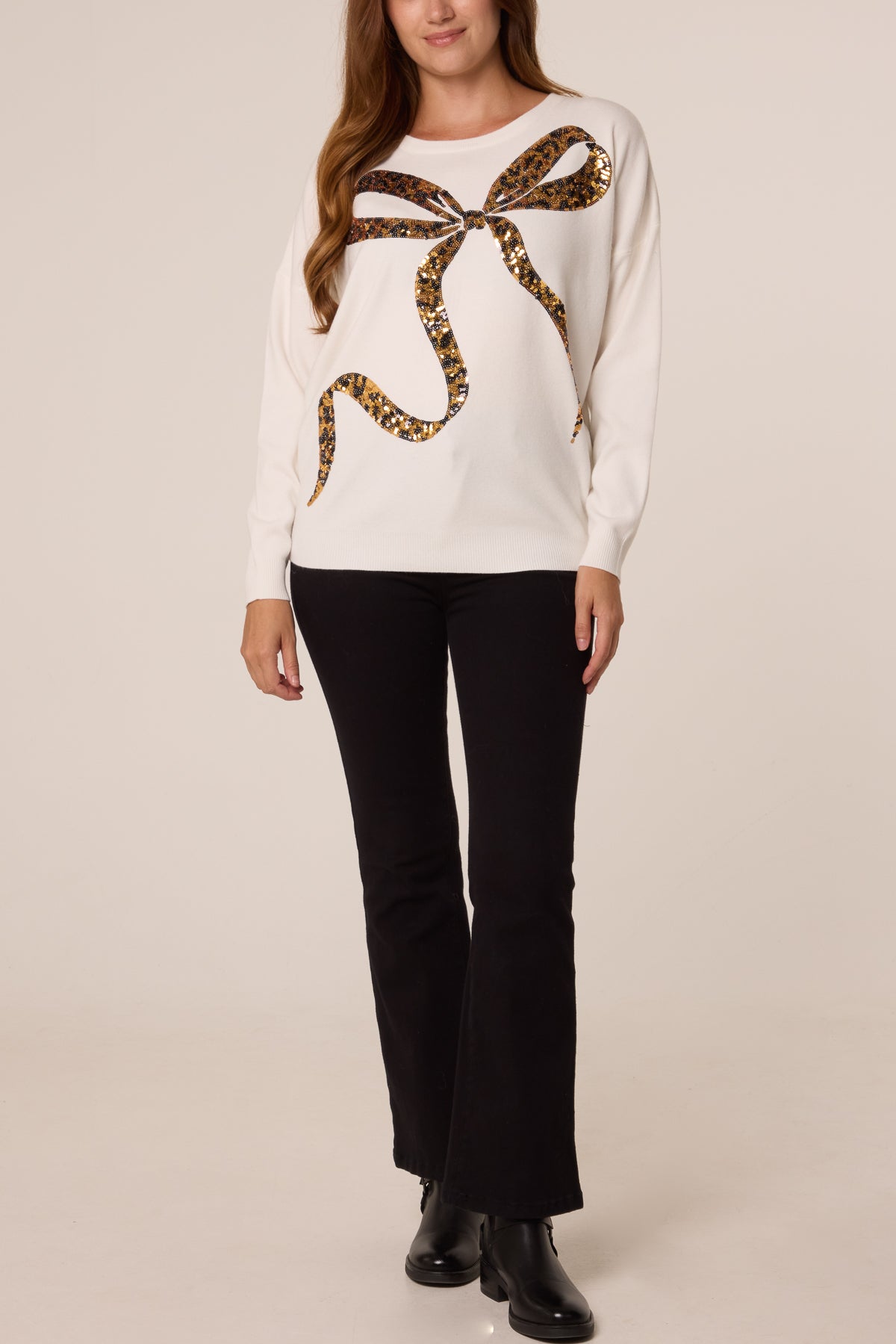 Women's Leopard Print Sequin Bow Jumper - Sparkly Knit Top