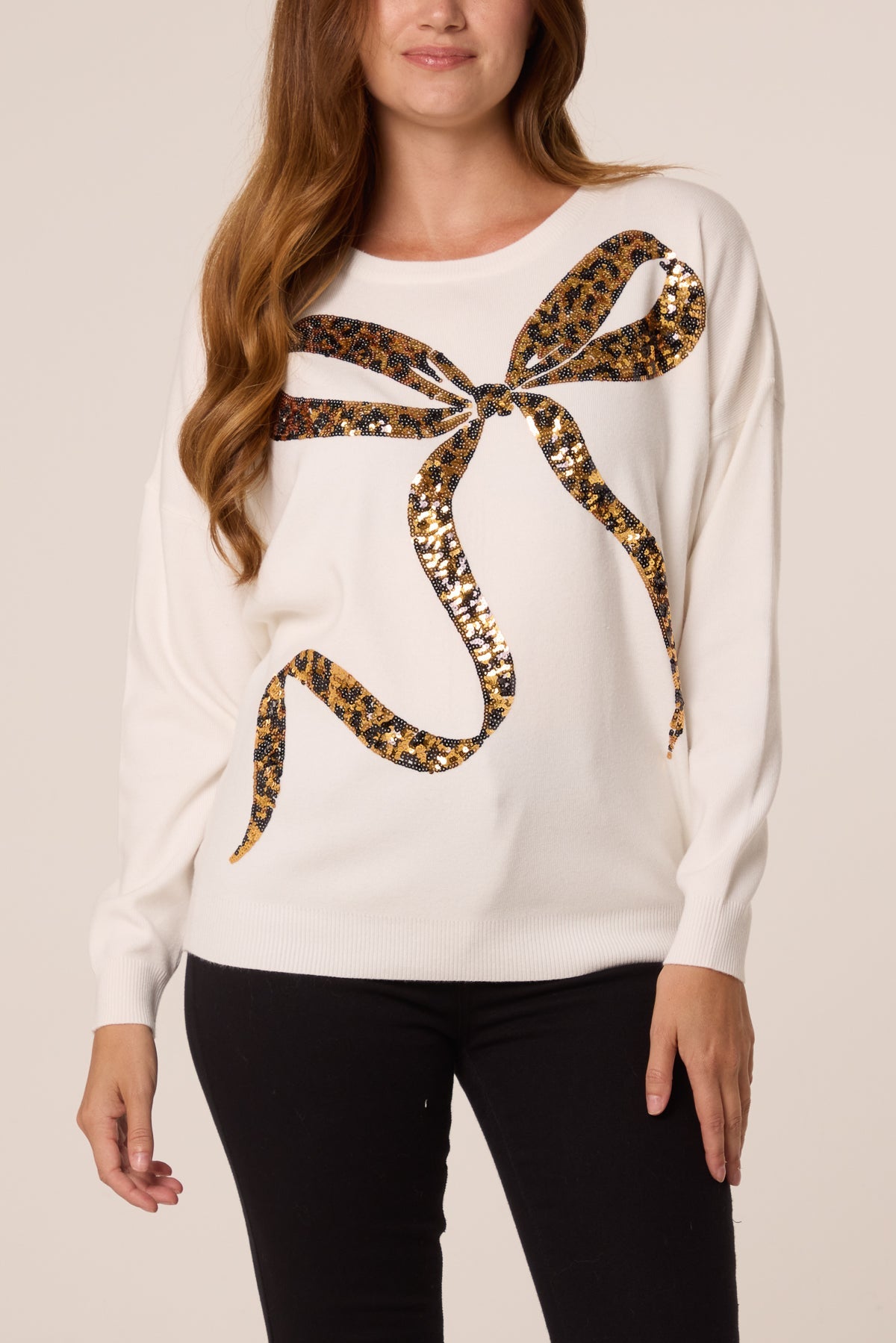 Women's Leopard Print Sequin Bow Jumper - Sparkly Knit Top