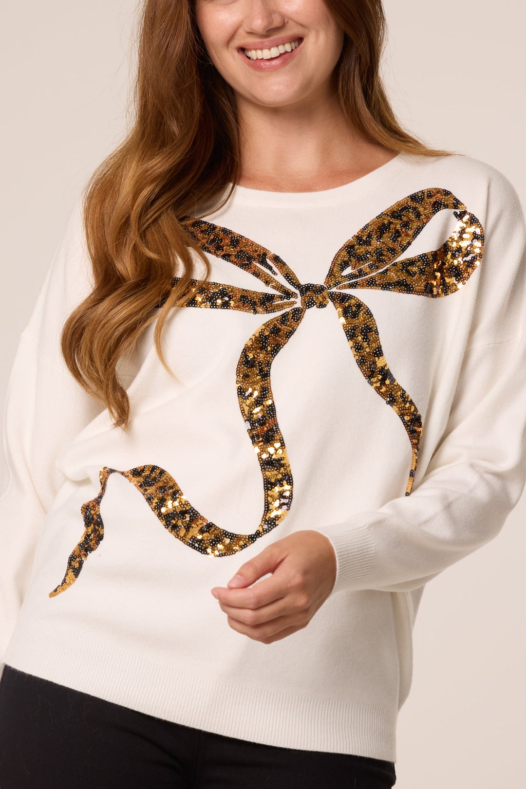 Women's Leopard Print Sequin Bow Jumper - Sparkly Knit Top