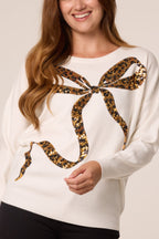 Women's Leopard Print Sequin Bow Jumper - Sparkly Knit Top