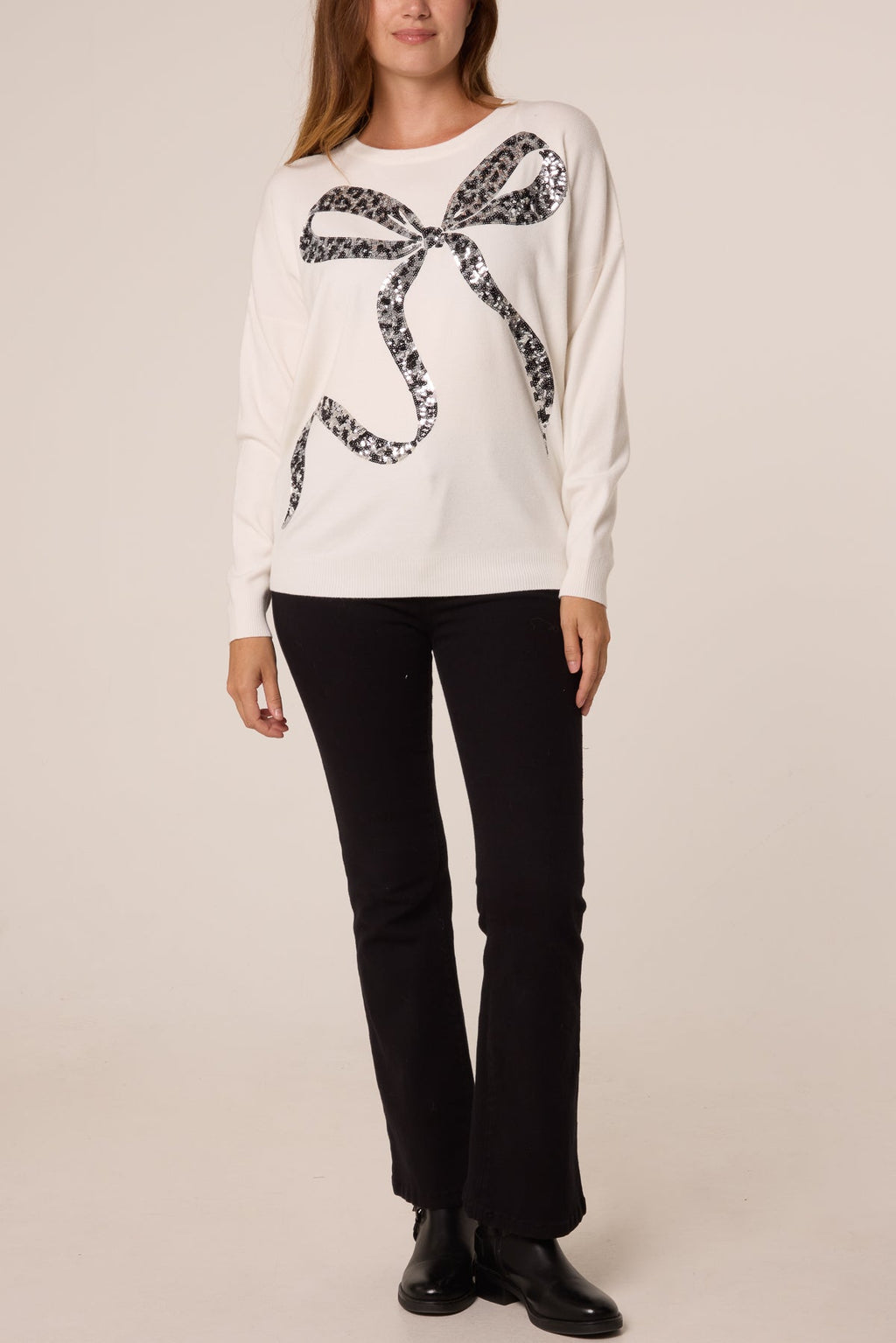 Women's Leopard Print Sequin Bow Jumper - Sparkly Knit Top