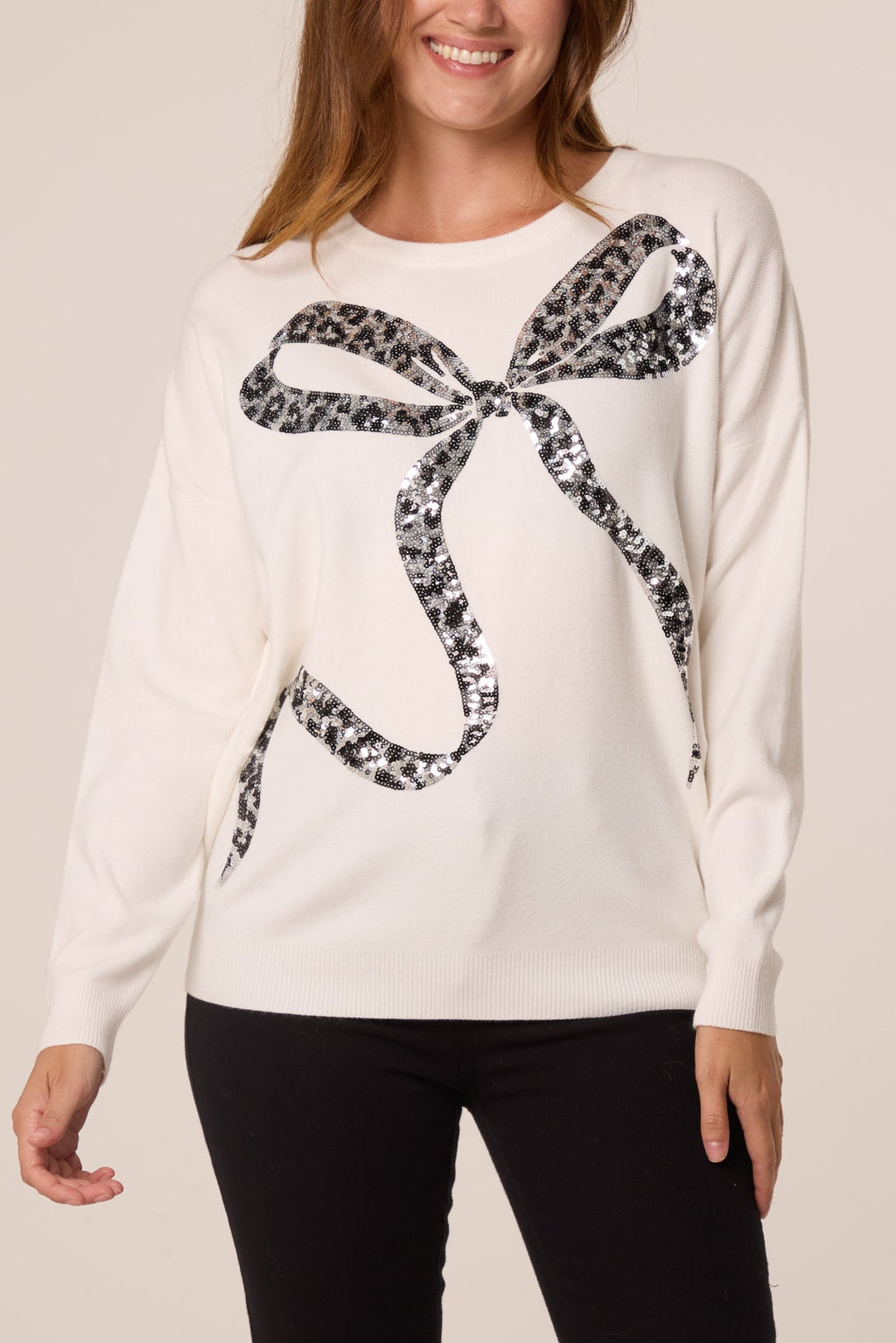 Women's Leopard Print Sequin Bow Jumper - Sparkly Knit Top