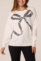 Women's Leopard Print Sequin Bow Jumper - Sparkly Knit Top
