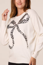 Women's Leopard Print Sequin Bow Jumper - Sparkly Knit Top