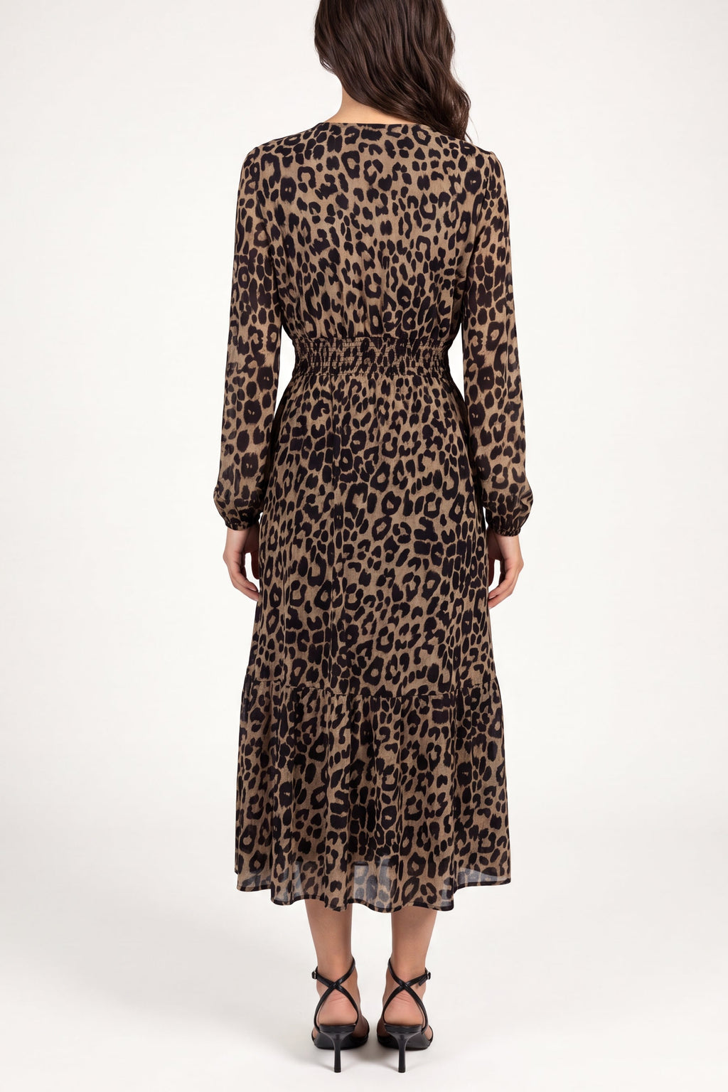Women's Long Sleeve V-Neck Animal Print Midi Dress