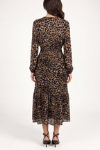 Women's Long Sleeve V-Neck Animal Print Midi Dress