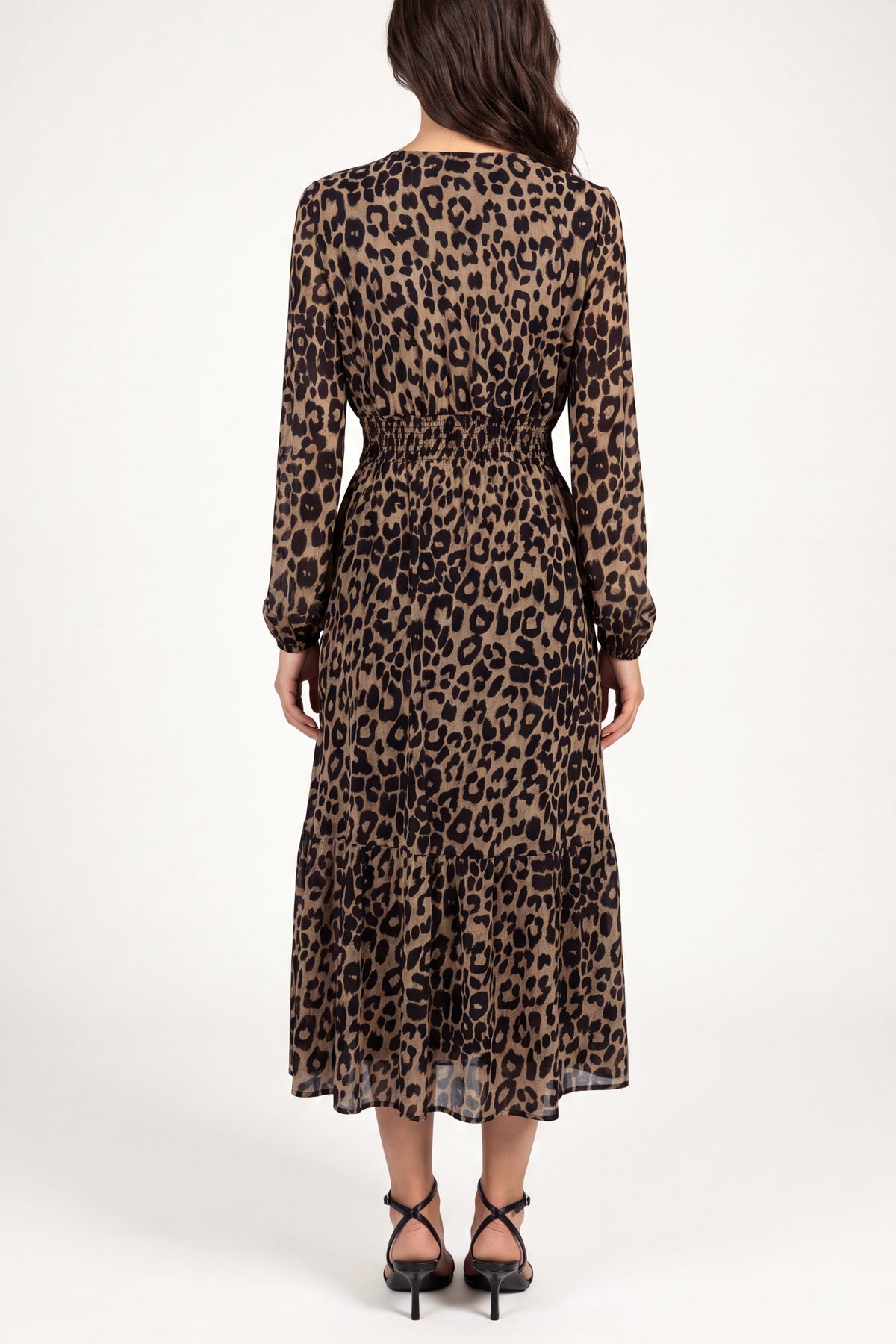 Women's Long Sleeve V-Neck Animal Print Midi Dress