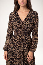 Women's Long Sleeve V-Neck Animal Print Midi Dress