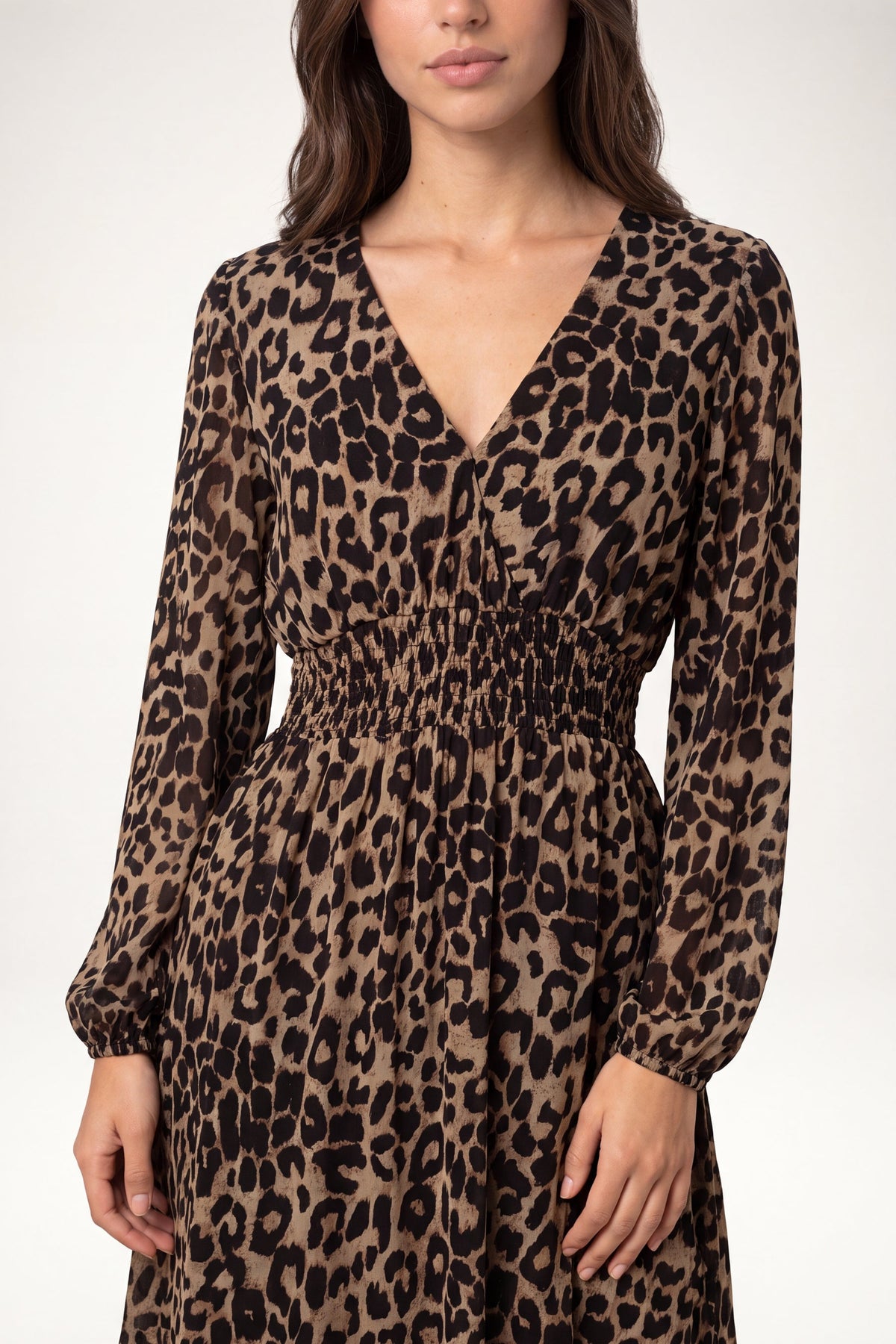 Women's Long Sleeve V-Neck Animal Print Midi Dress