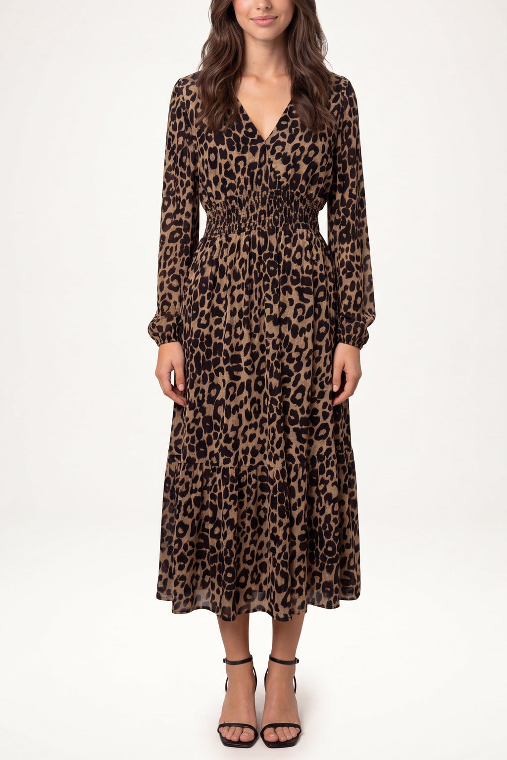 Women's Long Sleeve V-Neck Animal Print Midi Dress
