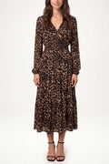 Women's Long Sleeve V-Neck Animal Print Midi Dress