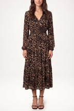 Women's Long Sleeve V-Neck Animal Print Midi Dress