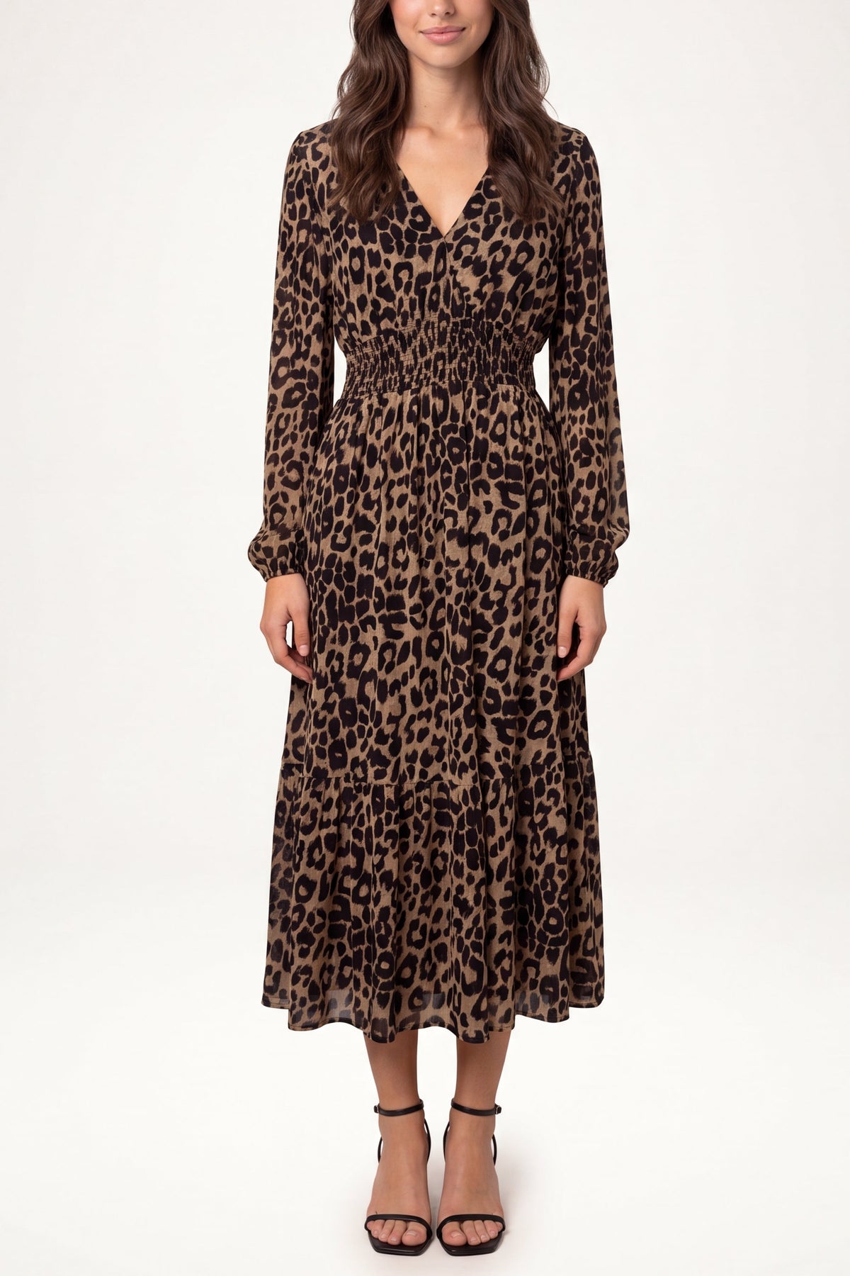 Women's Long Sleeve V-Neck Animal Print Midi Dress