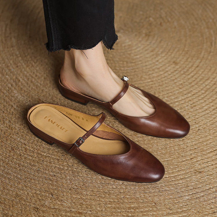 Women's Genuine Leather Mules with Mary Jane Strap