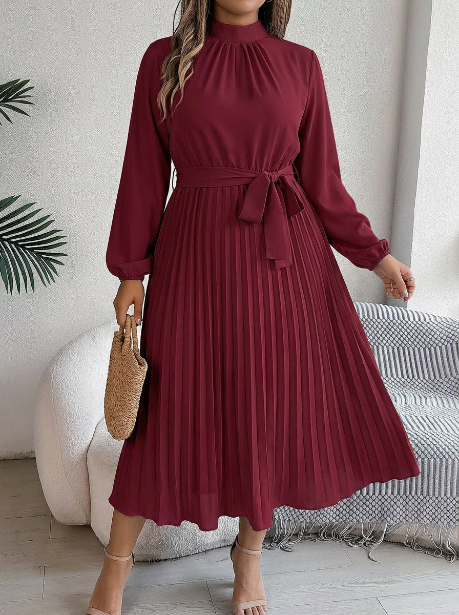 Women's Maxi Dress with Pleated Skirt and Waist Belt - High Neck, Long Sleeve