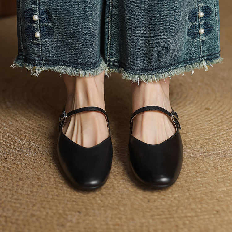 Women's Genuine Leather Mules with Mary Jane Strap