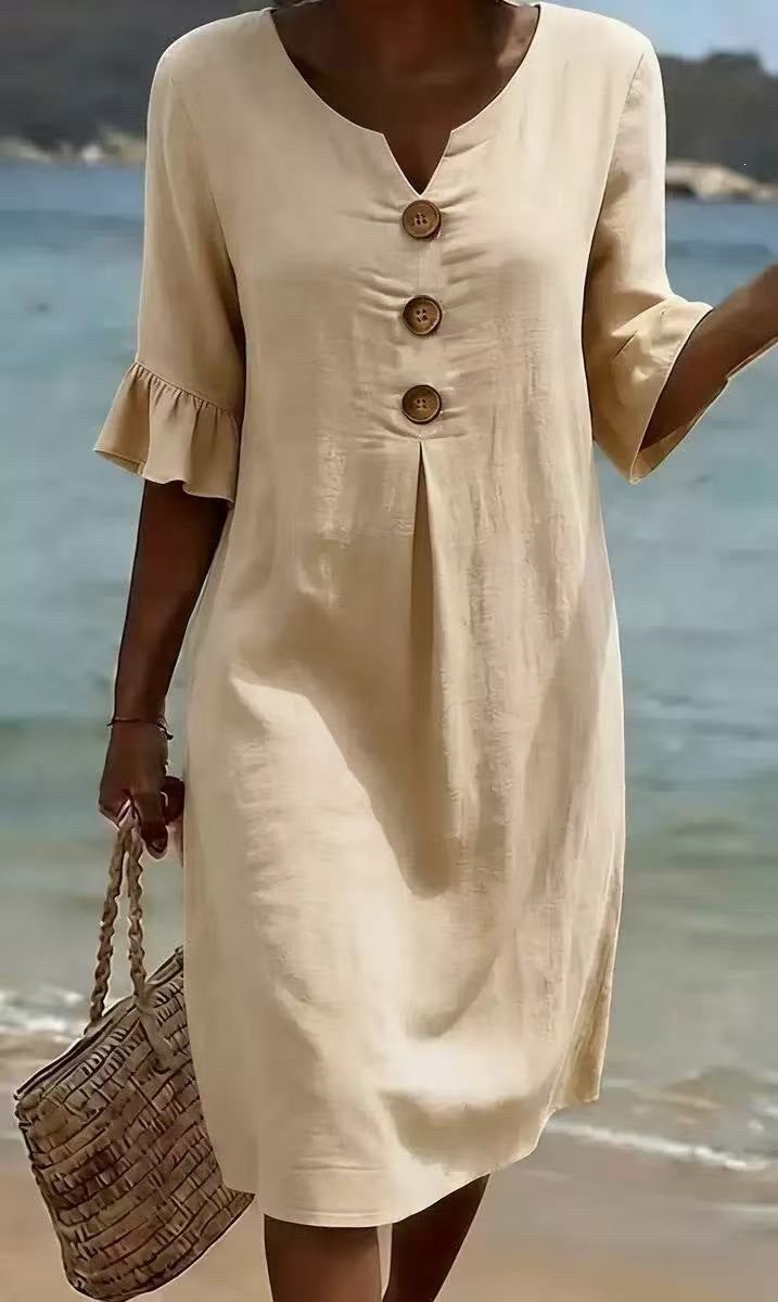 Women's Loose Fit Button-Front Dress with Flowing Sleeves