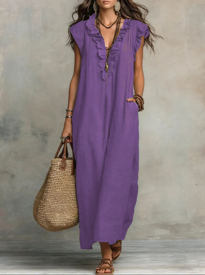 Women's Maxi Dress - Flowing Linen-Cotton Blend with Ruffle Detail