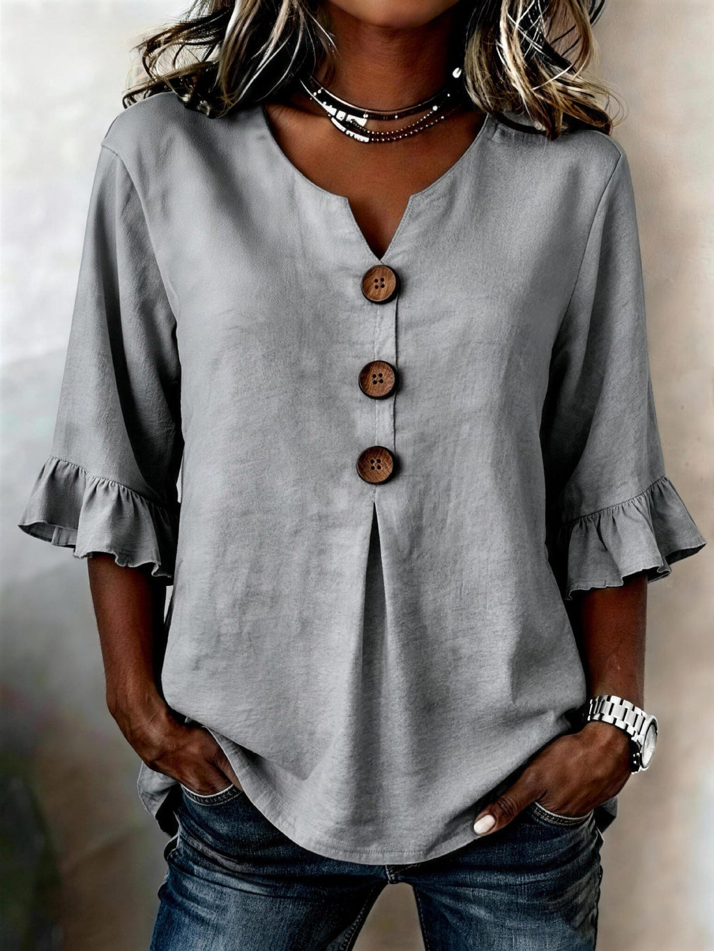 Women's Ruffle Sleeve Blouse with Button Front