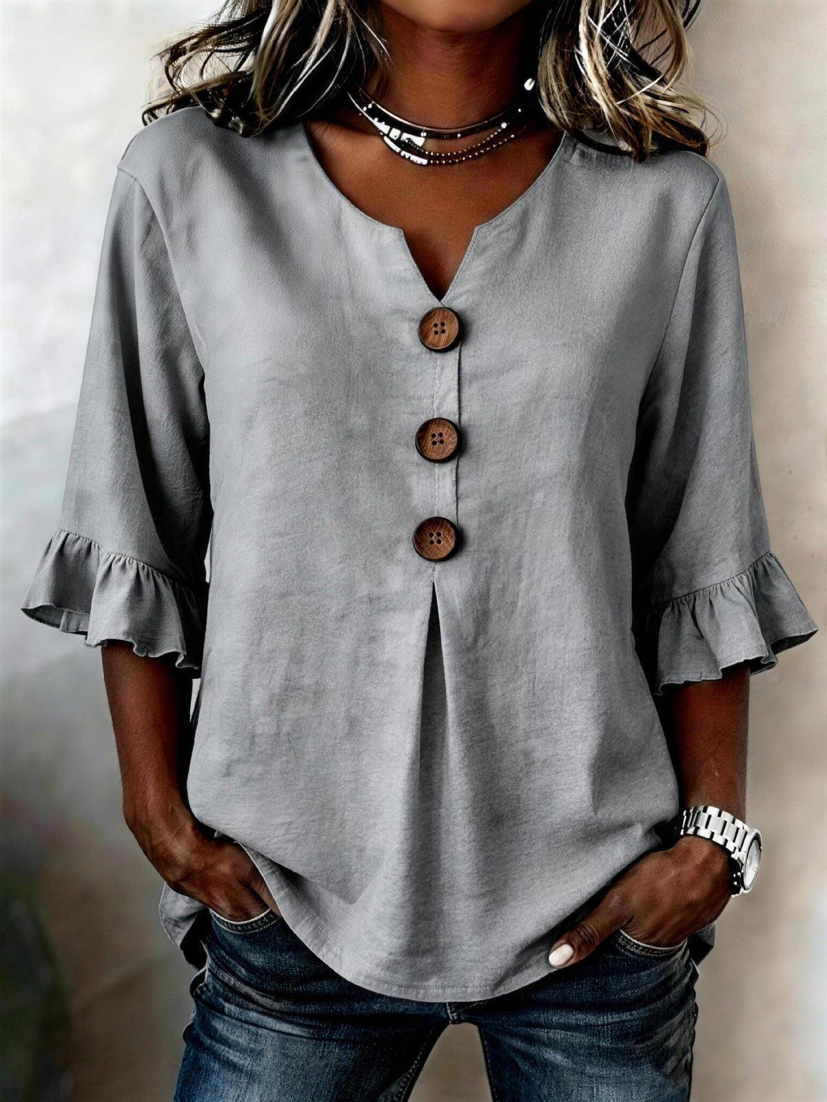 Women's Ruffle Sleeve Blouse with Button Front