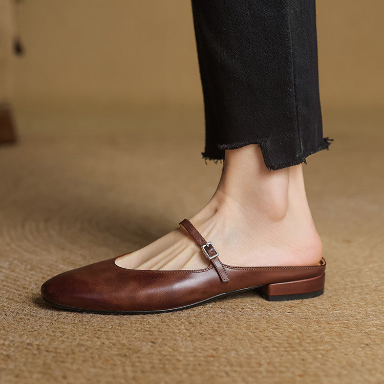 Women's Genuine Leather Mules with Mary Jane Strap