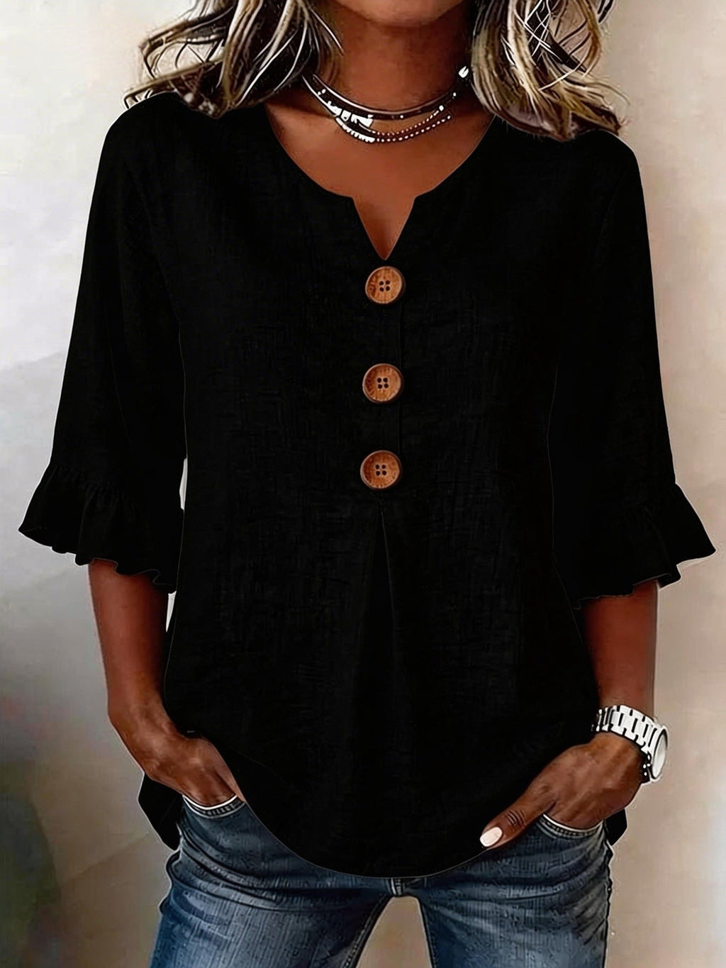 Women's Ruffle Sleeve Blouse with Button Front