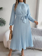 Women's Maxi Dress with Pleated Skirt and Waist Belt - High Neck, Long Sleeve