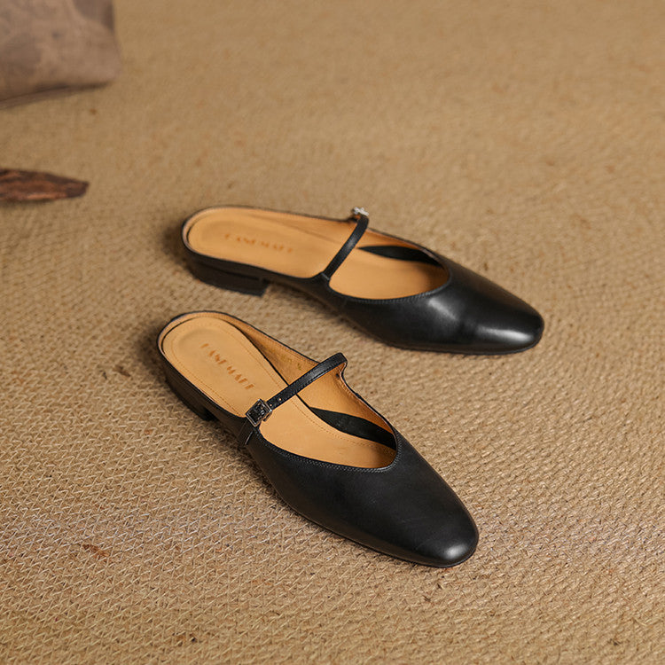 Women's Genuine Leather Mules with Mary Jane Strap