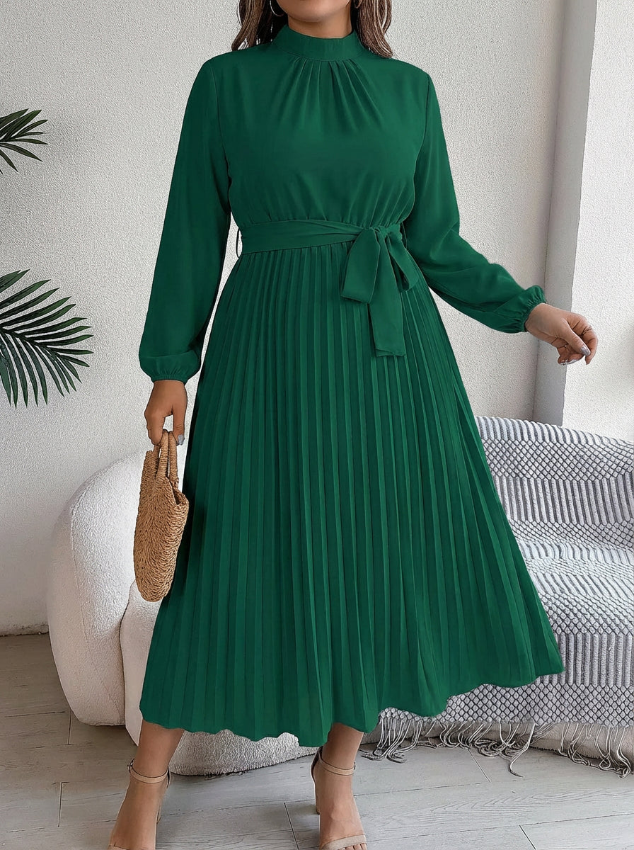Women's Maxi Dress with Pleated Skirt and Waist Belt - High Neck, Long Sleeve